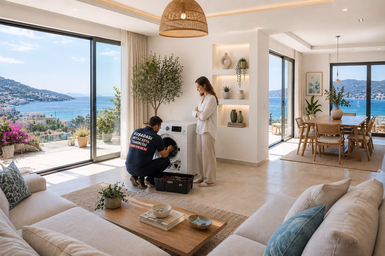 Kuşadası'nda çamaşır makinesi tamiri yapan teknisyen